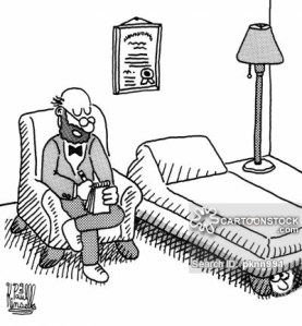 Psychiatrist with a patient who is hiding under the couch.